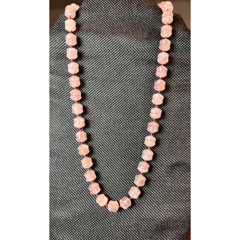 Rose Quartz Knotted Bead Necklace Carved Faceted Barrel Stones Pink 20 Inch